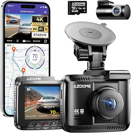 Camera auto 4K AZDOME GS63H Pro cu GPS și WiFi integrat 1 Camera auto de bord fara fir dashcam 4k GPS WiFi fata/spate card 64gb Dashcam Mașină din față spate 4K/2.5K GPS WiFi Dash Cam Mașină cu card SD de 64 GB, Cameră dublă pentru mașină, Monitorizare parcare, Super Night Vision, WDR, unghi larg 170°, G-Sensor, Înregistrare în buclă, GS63H Pro