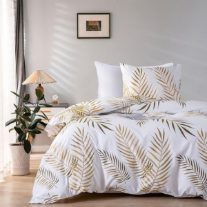 Set de lenjerie de pat cu fermoar, model tropical cu frunze de palmier, auriu și alb - Husă de pilotă pentru adulți, 140 x 200 cm, cu față de pernă, 65 x 65 cm