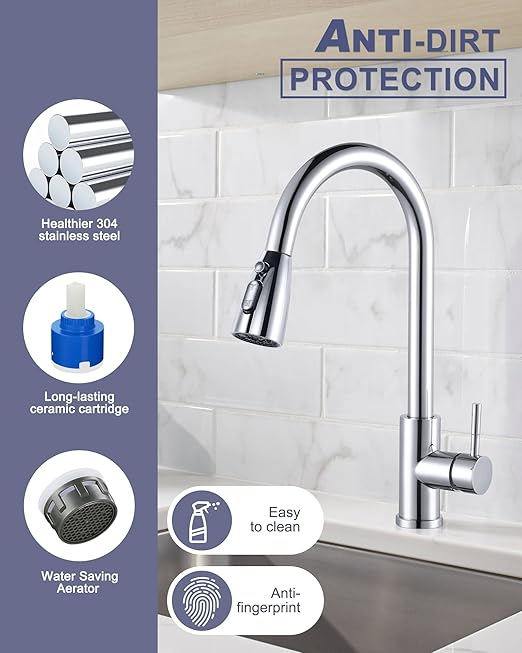 Baterie de bucătărie ARCORA, extensibilă, cu presiune înaltă, robinet de bucătărie pivotant la 360°, robinet mixer din oțel inoxidabil, cu cartuș ceramic, etanș, 3 tipuri de jet, cromat Baterie de bucătărie ARCORA, extensibilă, cu presiune înaltă, robinet de bucătărie pivotant la 360°, robinet mixer din oțel inoxidabil, cu cartuș ceramic, etanș, 3 tipuri de jet, cromat