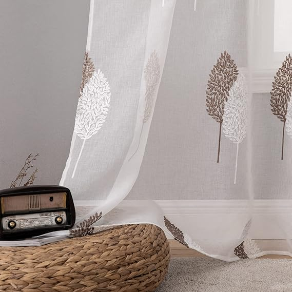 Perdele transparente cu broderie de frunze, perdea de fereastră cu inele, semi-voile, panouri cu ochiuri, tratamente pentru ferestre pentru sufragerie, dormitor, frunze mari, culoare cafea, 2 perdele pe set Perdele transparente cu broderie de frunze, perdea de fereastră cu inele, semi-voile, panouri cu ochiuri, tratamente pentru ferestre pentru sufragerie, dormitor, frunze mari, culoare cafea, 2 perdele pe set