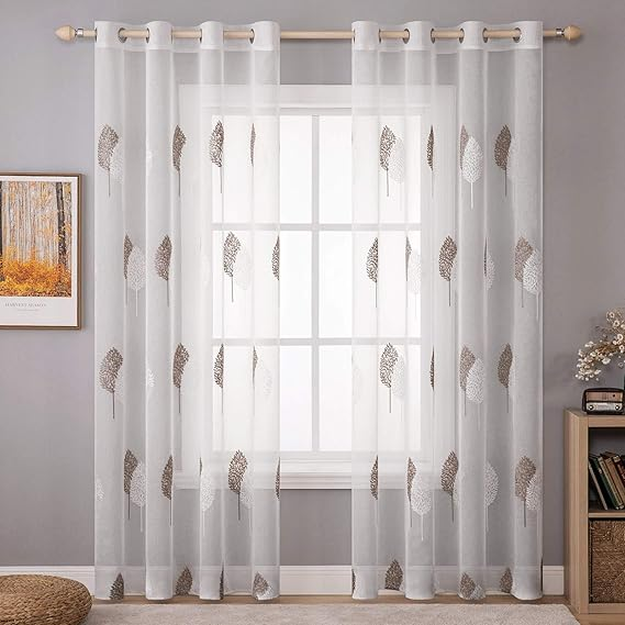 Perdele transparente cu broderie de frunze 260x140 MIULEE 1 Perdele transparente cu broderie de frunze, perdea de fereastră cu inele, semi-voile, panouri cu ochiuri, tratamente pentru ferestre pentru sufragerie, dormitor, frunze mari, culoare cafea, 2 perdele pe set