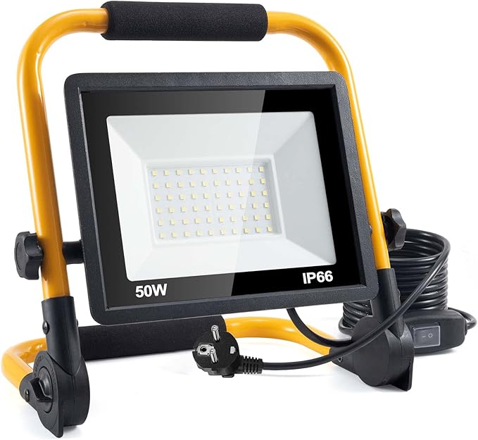 Spot LED construcții 50W cu cablu lung, portabil și rezistent 1 Spot LED pentru construcții, lampă de lucru 50 W 5000 LM, lampă de lucru LED cu priză, spot pentru construcții impermeabil IP66 cu cablu de 4 m, portabil pentru atelier sau șantier, garaj,