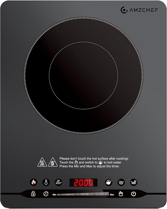 Plită cu inducție AMZCHEF 2000W – control precis și portabilitate 1 Plită cu inducție AMZCHEF, 2000 W, plită portabilă,funcționare silențioasă, 9 niveluri de putere și temperatură, 4 meniuri automate