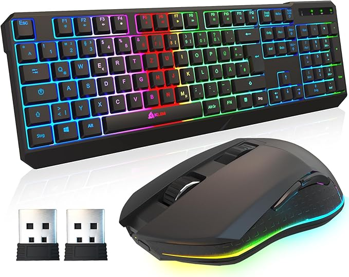 Tastatură gaming iluminată cu mouse wireless RGB pentru control total 1 Tastatură gaming iluminata și mouse wireless RGB - Baterie încorporată pachet wireless KLIM Blaze & Chroma - Nou - Design DE QWERTZ - Combinație tastatură și mouse wireless pentru gaming - Tastatură responsivă, durabilă și ergonomică - Tastatură iluminată din spate - Mouse de gaming RGB - Baterie încorporată