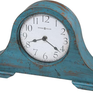 Ceas de șemineu vintage din lemn Howard Miller Tamson 635-181 Finisaj albastru-turcoaz uzat, Design vintage din lemn, Bază din pâslă, Cifre arabe uzate,