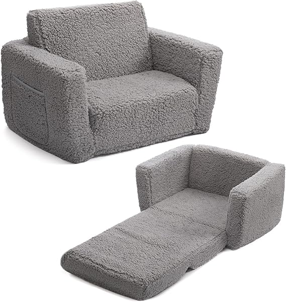 Canapea pliabilă copii Bejoy – confort și versatilitate 2 în 1 1 Canapea pliabila pentru copii BEJOY, 43.2 x 59.9 x 43.2 cm extensibilă 2 în 1, rabatabilă, din Sherpa, convertibilă în șezlong, cadou de ziua de naștere pentru fete și băieți, gri