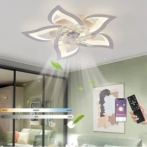 Lustra cu petale plafoniera led 50w conectare Tuya Telecomanda Ventilator de tavan silențios MiiR LED cu iluminare, lumină de tavan pentru dormitor de 50W, cu telecomandă și lampă reglabilă prin aplicație cu ventilator, abajur acrilic în formă de floare cu 5 lumini, lămpi pentru living și bucătărie, 69 cm