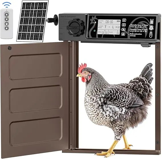 Ușă electrică găini cu panou solar 7W MASTERFUN – Siguranță și confort 1 Ușă electrică automată pentru găini, de dimensiuni mari, cu clapă solară din aluminiu, cu deschidere laterală automată, cu panou solar de 7W, afișaj LED,