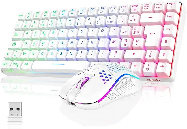 Tastatură wireless RGB RedThunder – Compactă și ergonomic 75% 1 Tastatură și Mouse Wireless USB AZERTY AZERTY RedThunder K84 Combo Wireless USB AZERTY AZERTY Baterie Reîncărcabilă cu Tastatură cu Iluminare RGB 75% TKL și Mouse Optic