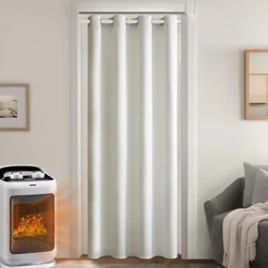 Draperie termică cu strat dublu îngroșat, perdea rece, 1 bucată grea, protecție la frig pentru ușă interioară, albă, izolare fonică opacă, cu inele de fixare, rezistentă la vânt, protecție