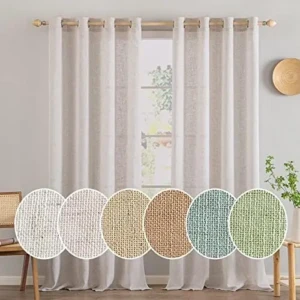 Perdele cu inele, Perdea Voal, Perdea Scurtă Modernă cu Aspect de In, Semitransparentă, cu ochiuri, pentru Living, Cameră pentru Copii, Separator de Cameră, Set de 2, In Natural Alb, 137 x 140 cm