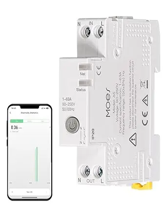 Siguranță inteligentă WiFi MOES cu contor energie și control vocal 1 Siguranta inteligenta WiFi Releu inteligent MOES, întrerupător de circuit, pe șină DIN - V0 ignifug, monitorizare energie, telecomandă/