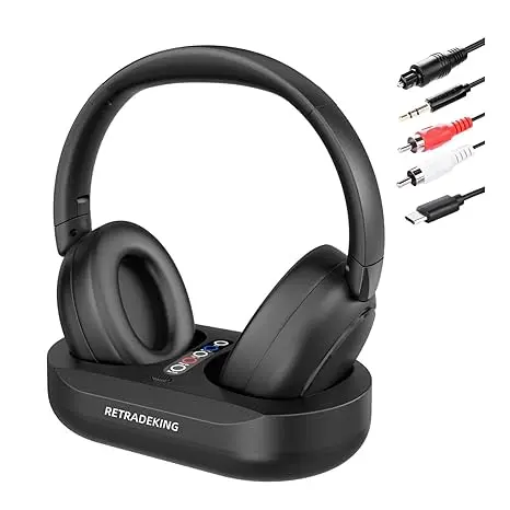 Căști TV wireless RETRADEKING cu autonomie 50h – sunet clar 1 Căști TV wireless, căști TV wireless pentru vizionarea TV cu stație de încărcare a transmițătorului, căști TV over-ear pentru vârstnici, căști Bluetooth cu autonomie de 50 de ore, compatibile cu toate televizoarele