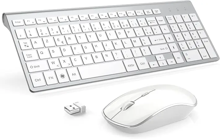 Tastatură wireless Azerty JOYACCESS – Conexiune USB stabilă 1 Tastatură wireless,computer (layout Azerty),pentru smart tv,PC,JOYACCESS, mouse-ul portabil compact, ultra-subțire, silențios, 2.4 GHz,alb-argintiu