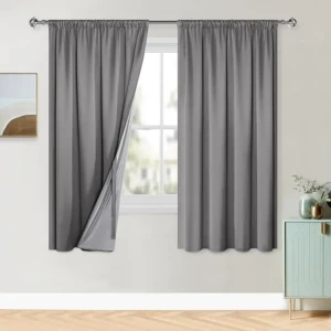 Perdele 100% opace cu bandă cu volane, set de 2 perdele dublu strat groase și grele pentru dormitor, 175 x 140 cm (Î x L), gri
