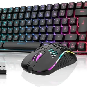 Tastatura și mouse de gaming wireless,layout QWERTZ GE,iluminat RGB,75% tastatură compactă reîncărcabilă TKL cu 85 de taste, mouse ultraușor 7200DPI cu construcție tip fagure pentru PC Mac PS5 Xbox Gamer