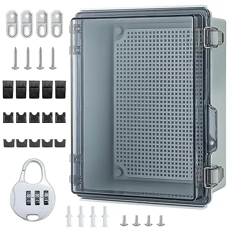 Cutie joncțiune IP65 rezistentă – protecție sigură la exterior 1 Cutie de joncțiune exterioară impermeabilă IP65, carcasă industrială, dulap exterior transparent, cu accesorii de montare pe perete și încuietoare (29x19x14cm)