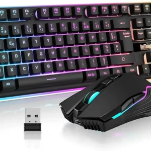 Set tastatură și mouse wireless pentru gaming RedThunder K10, AZERTY francez, iluminare din spate LED, baterii reîncărcabile de 3800 mAh,