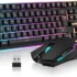 Set tastatură și mouse wireless pentru gaming RedThunder K10, AZERTY francez, iluminare din spate LED, baterii reîncărcabile de 3800 mAh,