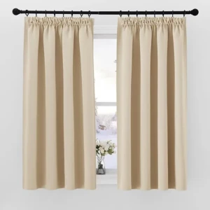 Perdele pentru living cu bandă cu volane, scurte, set de 2, perdele opace pentru șină, Î 137 x L 140 cm, bej Biscotti, perdele pentru dormitor, perdele termice opace pentru iarnă-vara