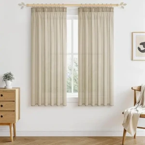 Perdele bej 145x140cm scurte, transparente,cu banda,set 2,aspect de in