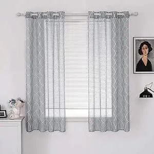 Perdele transparente gri,140x145cm,voal stil marocan,broderie florală ochi