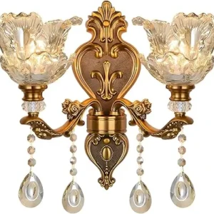 Lampă de perete vintage cu motive florale, cu 2 capete, cu abajur din sticlă cristalină, lampă de perete retro cu decor metalic de culoare bronz auriu, lampă de perete metalică, noptieră, living, scări, restaurant, baruri de hotel (soclu E14, fără bec) [Clasa energetică A]