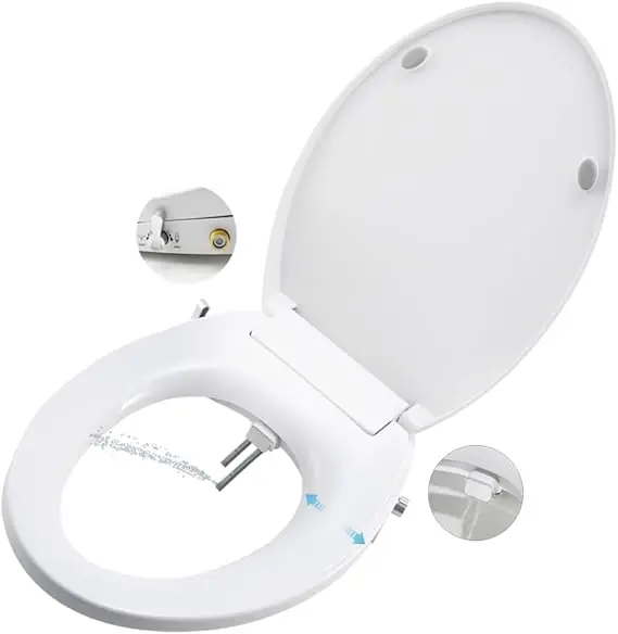 Capac WC bideu GEOATON cu duze duble pentru igienă sporită 1 Capac wc cu functie de bideu ,non-electrice cu duze duble autocurățate, curățare spate și feminină separată, spray natural cu apă, capac de toaletă cu închidere moale, bideu pentru toaletă, instalare DIY ușoară (rotund modern)