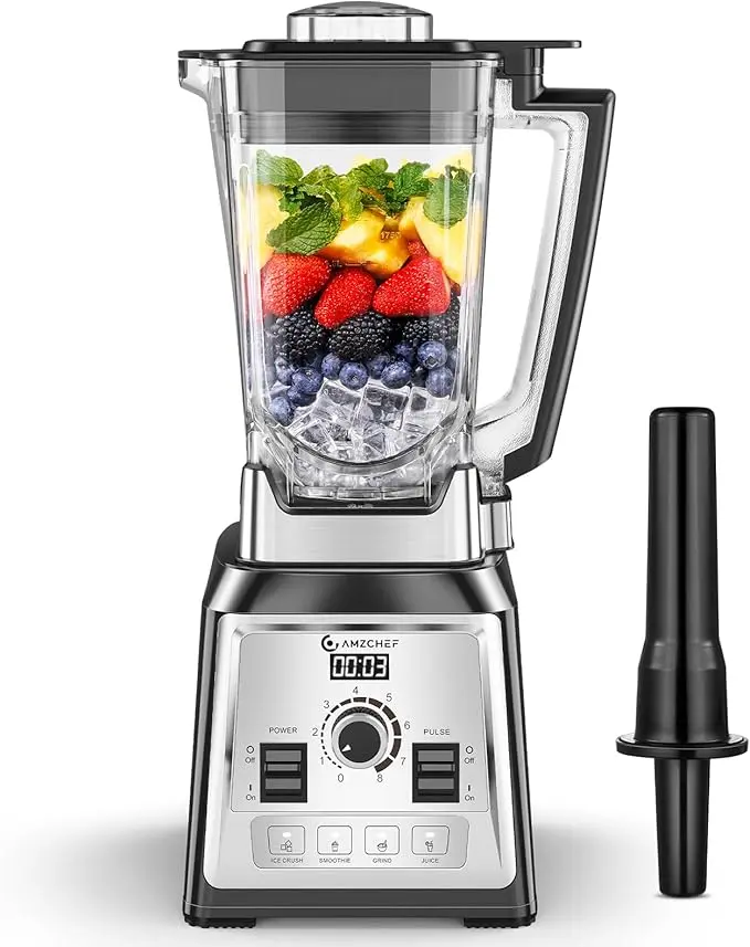 Blender smoothie Amzchef 2000W – Putere și control precis 1 Blender smoothie ,2000W 6 lame 8 viteve 2L Amzchef 4 programe gheata