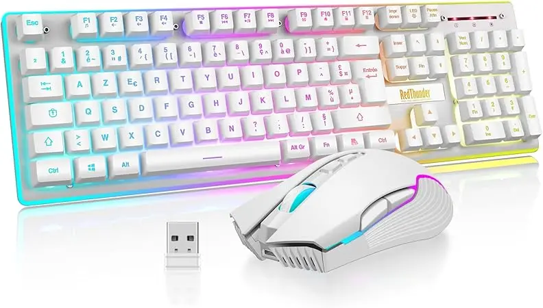 Set tastatura mouse gaming wireless RedThunder cu iluminare LED 1 Set tastatura și mouse gaming, wireless RedThunder AZERTY Alb 3800 mAh