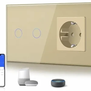 Priză Schuko standard BSEED cu întrerupător inteligent, 16 amperi, senzor tactil Wi-Fi din sticlă, întrerupător de perete compatibil cu Alexa și Google Home, dublă cu o singură cale, alb (necesită cablu neutru), auriu