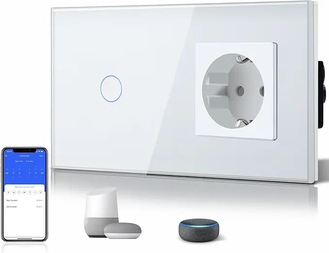 Întrerupător inteligent tactil BSEED cu priză WiFi – Control rapid 1 Întrerupător LUMINA Inteligent BSEED TACTIL cu 1 buton și priză WiFi cu