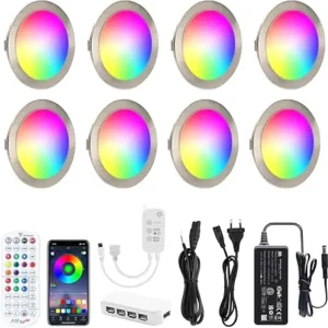 spoturi led rgb incastrate inteligente reglabil, cu aplicație,pentru dulap AIBOO 8 buc. becuri LED RGB cu schimbare de culoare pentru dulap, cu telecomandă, spot încastrat inteligent, reglabil, cu aplicație, iluminare ultra plată pentru afișaj [Clasa energetică E]