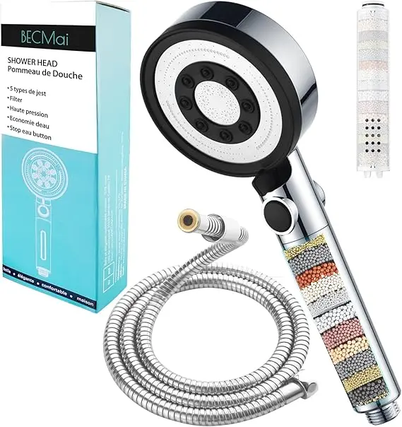 Para de duș anticalcar BECMai – presiune crescută și filtru eficient 1 Para de dus cu filtru de înaltă presiune, filtru anticalcar, cap de duș Cap de duș de înaltă presiune, economisiți apă și bani: Capul de duș cu filtru BECMai cu tehnologie turbo crește presiunea apei și economisește apă, panouri din oțel inoxidabil pentru a preveni depunerile de calcar, ușor de curățat și cu durată lungă de viață. Capul de duș ecologic cu funcție de masaj vă ajută să reduceți stresul la locul de muncă. Vă rugăm să îndepărtați economizorul de apă în caz de presiune scăzută a apei. 5 moduri de jet de apă, îmbogățește dușul: Capul de duș cu furtun are 5 tipuri de duș: duș cu efect de ploaie, masaj, jet și o combinație de 4 jeturi flexibile. Atingeți butonul de comutare pentru a selecta cu ușurință modul de apă dorit. Butonul de pornire și oprire vă permite să opriți dușul în orice moment, economisind apă. Cap de duș cu furtun din oțel inoxidabil, durabilitate ridicată: Acest cap de duș economic pentru baie este fabricat din oțel inoxidabil rezistent la rugină și anticalcar, cu o lungime de 1,5 m, cu o conexiune standard pentru utilizare universală. Acest cap de duș este livrat cu 1 cartuș filtru detartrant cu o durată de viață de aproximativ 3-6 luni. Cartușul filtrului BECMai este compatibil cu acest buton și poate fi achiziționat ca înlocuitor pentru cel vechi. UȘOR DE INSTALAT, FĂRĂ UNELTE NECESITE: Acest cap de duș poate fi folosit ca un cadou de sărbători pentru familie și prieteni, potrivit pentru acasă, case de închiriat, apartamente și hoteluri în baie. Dacă aveți întrebări, vă rugăm să ne contactați.