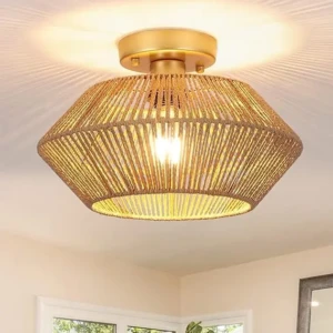 Lampă de tavan Boho, living, dormitor, hol, bucătărie, lampă de tavan cu 1 lampă din ratan, pandantive E27 și candelabru din bambus, auriu, fără bec