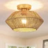 Lampă de tavan Boho, living, dormitor, hol, bucătărie, lampă de tavan cu 1 lampă din ratan, pandantive E27 și candelabru din bambus, auriu, fără bec