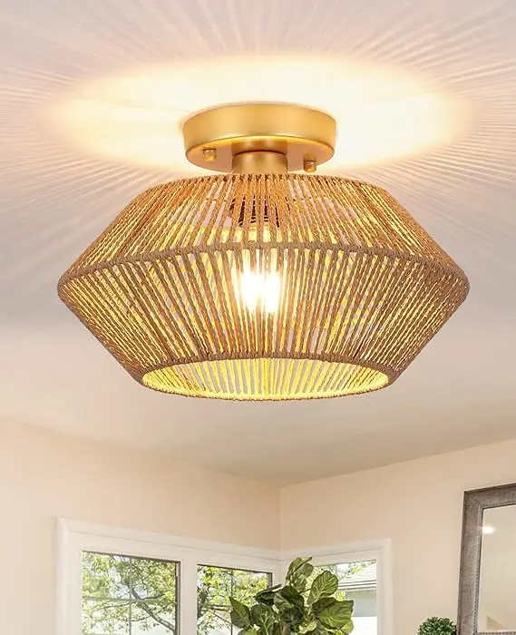 Lampă de tavan Boho din ratan – alegere inteligentă MRHYSWD 1 Lampă de tavan Boho, living, dormitor, hol, bucătărie, lampă de tavan cu 1 lampă din ratan, pandantive E27 și candelabru din bambus, auriu, fără bec