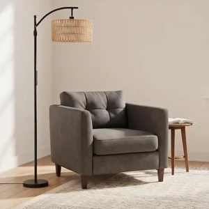 Lampi de podea din ratan, cu arc Boho cu aplicație,și control tactil, fara telecomanda,4 temperaturi de culoare, 2 abajururi lămpi de podea vintage de 12W pentru living, dormitor, birou, neagră