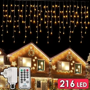 Luminițe ghirlandeze cu 216 LED-uri, 5,5 m, 8 moduri de iluminare, reglabile, perdea luminoasă în formă de țurțur cu temporizator de la distanță, decorațiuni exterioare/interioare pentru Crăciun, grădină, petrecere, nuntă, iarnă (alb cald) [Clasa energetică F]
