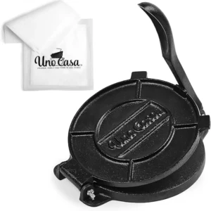 Presă pentru tortilla Uno Casa 20 cm - Aparat de tortilla din fontă de înaltă performanță - Pachet bonus cu 100 de foi de hârtie pergament