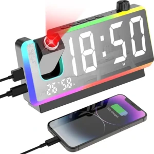 Ceas deșteptător digital cu proiecție Cuteefun,fișaj LED mare de 7", 8 moduri RGB, proiector la 180°