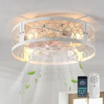 Ventilator de tavan Ganeed cu lumină, stil industrial, ventilator de tavan rustic, 50 cm, iluminat metalic cu colivie E27, montat pe tavan, cu telecomandă prin aplicație, pentru sufragerie, living, alb, 4 lumini [Clasa energetică E]