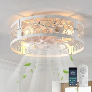Ventilator de tavan Ganeed cu lumină, stil industrial, ventilator de tavan rustic, 50 cm, iluminat metalic cu colivie E27, montat pe tavan, cu telecomandă prin aplicație, pentru sufragerie, living, alb, 4 lumini [Clasa energetică E]