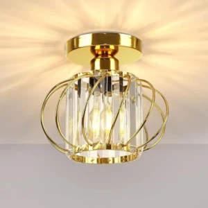 Lampă de tavan aurie mini candelabru cu cristal, lampă de tavan modernă cu abajur rotund metalic E27 lampă de tavan pentru dormitor living bucătărie hol [Clasa energetică F]