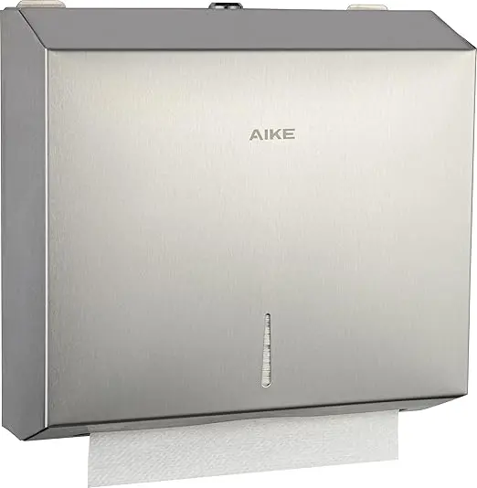 Dispenser prosoape hârtie AIKE inox, montat pe perete, 250 coli 1 Dispenser de prosoape AIKE din oțel inoxidabil, 250 de coli, montat pe perete, pentru hârtie pliată în H2 și Z, dimensiune 27 x 10 cm