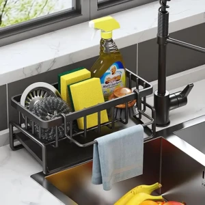 organizator de bucătărie cu tavă de scurgere automată pentru suport de burete, suport pentru prosoape,